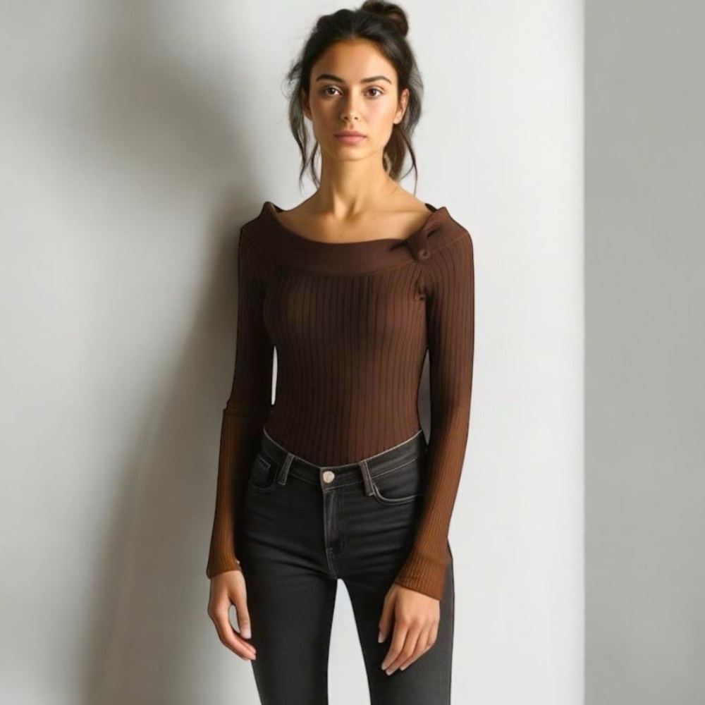 ** Hooked Up Chocolate Brown Long Sleeved Ribbed Wide Neck Sweater Size S